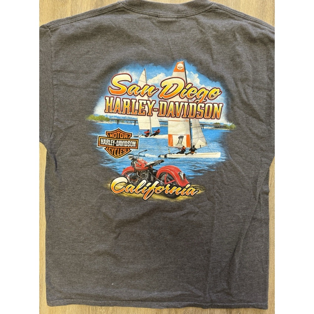 Harley Davidson San Diego T-Shirt Men's Large Gray Pocket Hanes Beefy-T Sailboat
